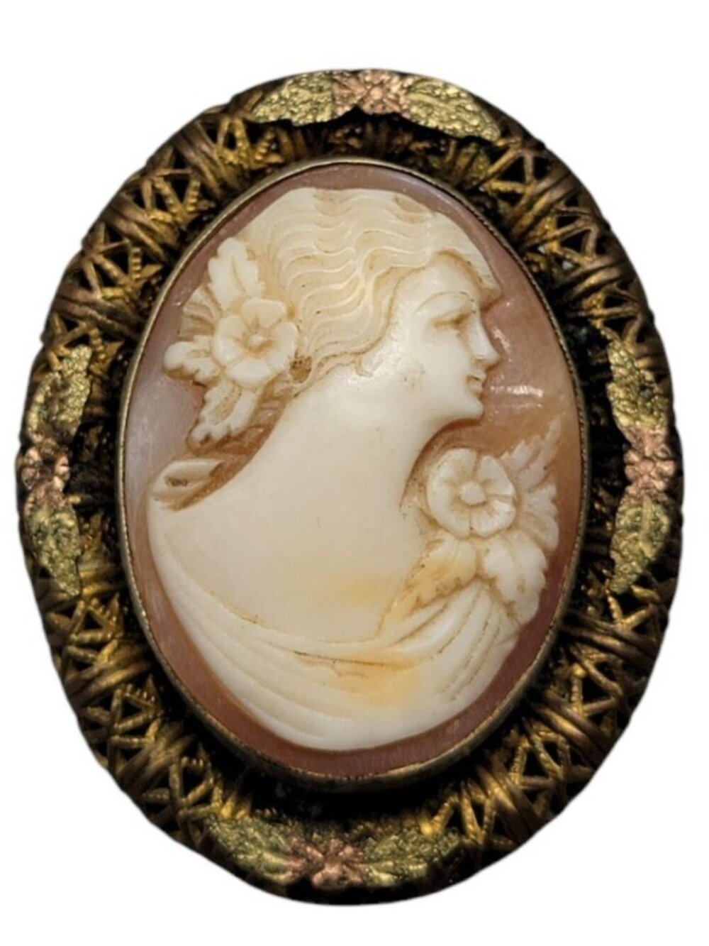 Vintage Carved Cameo Brooch Intricate Woven Frame Mixed Metal Gold Plated Leaves
